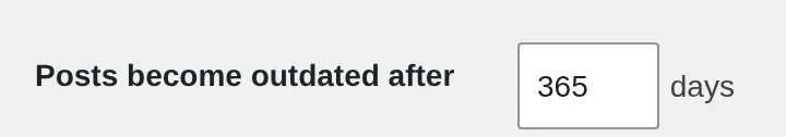 Settings › Reading: “Posts become outdated after” set to 365 days, cropped from the full screenshot.