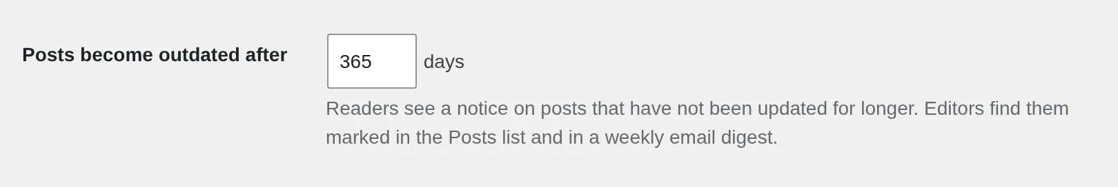Settings › Reading: “Posts become outdated after” set to 365 days, with a line of help text below.